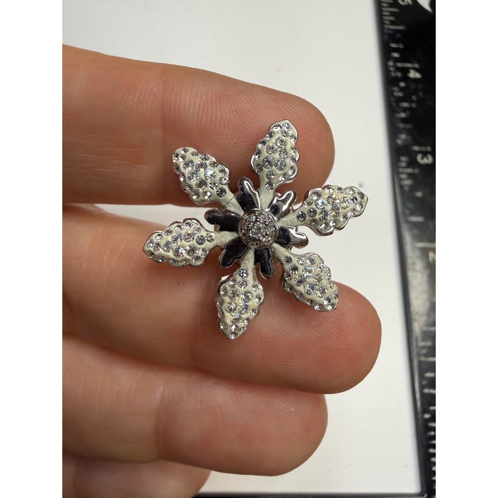 Silver Tone Rhinestone White Enamel Snowflake Lapel Pin Winter Holiday Tie Tack